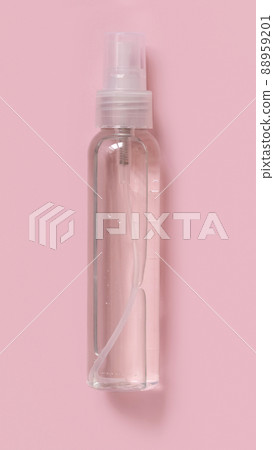 Homemade Cosmetic in plastic bottle on light pink top view. Brand packaging mockup Homemade Cosmetic in plastic bottle on light pink top view. Brand packaging mockup 88959201