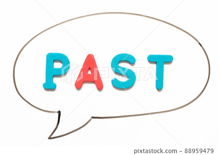 Alphabet letter with word past in black line hand drawing as bubble speech on white board background Alphabet letter with word past in black line hand drawing as bubble speech on white board background 88959479