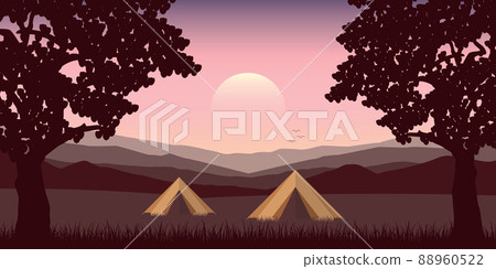 summer camp tents between trees on meadow with mountain view summer camp tents between trees on meadow with mountain view 88960522