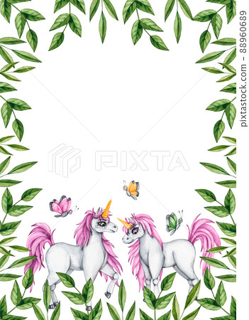 Watercolor frame with anemone flowers, unicorn, twigs on a white background 88960689
