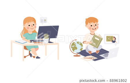 Children learning online using laptop computers. Homeschooling, e-learning cartoon vector illustration 88961802