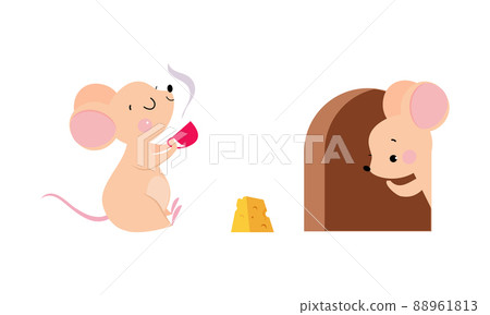 Cute adorable mice in different actions set. Funny mouse drinking tea and sitting in hole cartoon vector illustration Cute adorable mice in different actions set. Funny mouse drinking tea and sitting in hole cartoon vector illustration 88961813