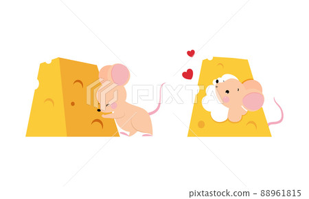 Cute adorable mice eating cheese set cartoon vector illustration 88961815