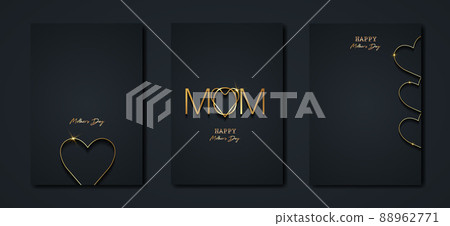 Happy Mothers day vector set greeting card. Gold Mom heart on black background. Golden holiday poster with text. Concept for mother's day banner, flyer, party invitation, gift shop, vertical templates Happy Mothers day vector set greeting card. Gold Mom heart on black background. Golden holiday poster with text. Concept for mother's day banner, flyer, party invitation, gift shop, vertical templates 88962771