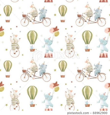 Beautiful children seamless pattern with cute watercolor hand drawn circus animals. Sheep juggle on unicycle, baby elephant with air balloons. Stock illustration. 88962900