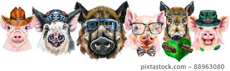 Border from pigs. Watercolor portraits of pigs and boars Border from pigs. Watercolor portraits of pigs and boars 88963080