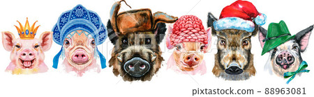Border from pigs. Watercolor portraits of pigs and boars Border from pigs. Watercolor portraits of pigs and boars 88963081
