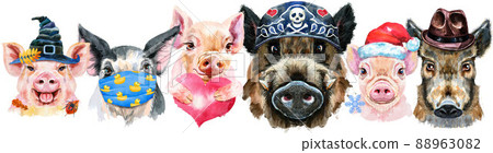 Border from pigs. Watercolor portraits of pigs and boars Border from pigs. Watercolor portraits of pigs and boars 88963082