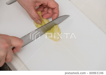 [Cut cabbage pickled in rice bran with a Santoku knife] 88963146