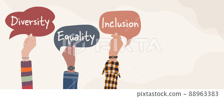Raised arms of multicultural men and woman holding speech bubble whit text -Diversity - Equality - Inclusion - People of diverse cultures. Banner copy space. Tolerance and acceptance 88963383