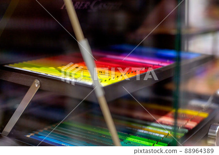 Colorful bright pencils on the shop window for artists Colorful bright pencils on the shop window for artists 88964389