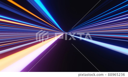 3d render of flash neon and light glowing on dark scene. Speed light tunnel through the city or urban. Technology internet of future network. Sci fiction of hyperspace interstellar travel. 3d render of flash neon and light glowing on dark scene. Speed light tunnel through the city or urban. Technology internet of future network. Sci fiction of hyperspace interstellar travel. 88965236
