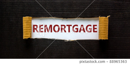 Remortgage symbol. The word 'remortgage' appearing behind torn black paper. Beautiful black background. Business and remortgage concept. Remortgage symbol. The word 'remortgage' appearing behind torn black paper. Beautiful black background. Business and remortgage concept. 88965363