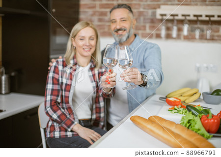 Mature couple making toast with glasses of water on kitchen Mature couple making toast with glasses of water on kitchen 88966791