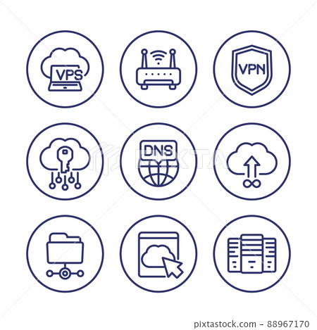 hosting, dns and vpn line icons set on white hosting, dns and vpn line icons set on white 88967170