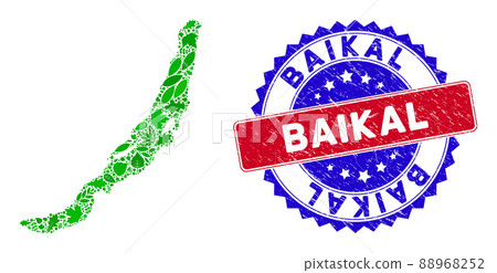 Bicolor Baikal Textured Stamp with Floral Green Composition of Baikal Lake Map Bicolor Baikal Textured Stamp with Floral Green Composition of Baikal Lake Map 88968252