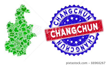 Bicolor Changchun Scratched Rubber Stamp and Ecology Green Collage of Tianjin City Map Bicolor Changchun Scratched Rubber Stamp and Ecology Green Collage of Tianjin City Map 88968267