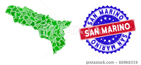 Bicolor San Marino Distress Rubber Stamp and Floral Green Composition of Abkhazia Map 88968319
