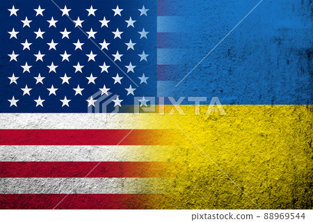 United States of America USA national flag with National flag of Ukraine. Grunge background United States of America USA national flag with National flag of Ukraine. Grunge background 88969544