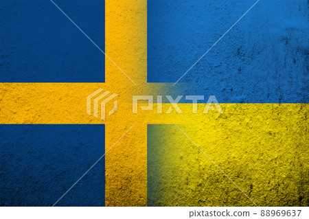 The Kingdom of Sweden national flag with National flag of Ukraine. Grunge background 88969637