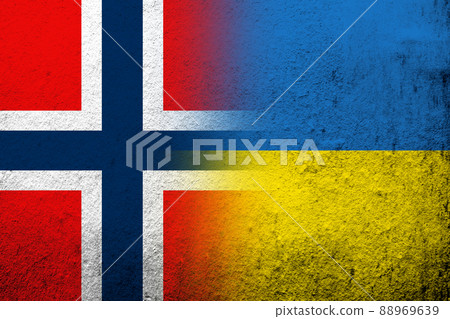 The Kingdom of Norway national flag with National flag of Ukraine. Grunge background 88969639