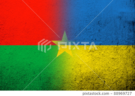 National flag of Burkina Faso with National flag of Ukraine. Grunge background 88969727