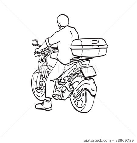 rear view man with his motorcycle with his luggage o at the back illustration vector hand drawn isolated on white background line art. 88969789