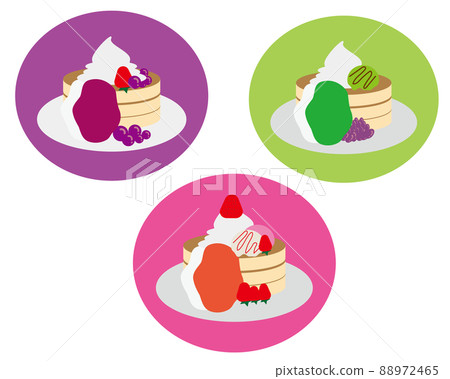 Cute pancake illustration 3-piece set, strawberry, blueberry, matcha, hot cake, flashy 88972465