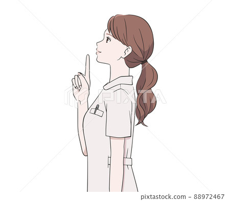 A nurse looking sideways with his index finger up 88972467