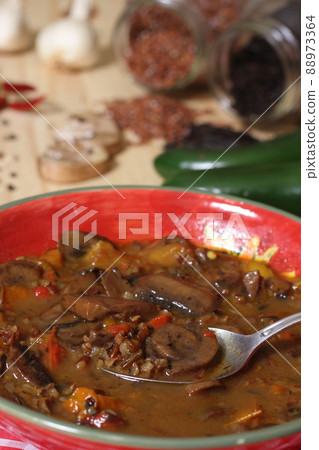 Mushroom and Peppers Soup With Wild Rice. Mix of Sweet Bell Peppers and Mild Jalapeno Mushroom and Peppers Soup With Wild Rice. Mix of Sweet Bell Peppers and Mild Jalapeno 88973364