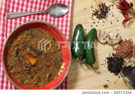Mushroom and Peppers Soup With Wild Rice. Mix of Sweet Bell Peppers and Mild Jalapeno Mushroom and Peppers Soup With Wild Rice. Mix of Sweet Bell Peppers and Mild Jalapeno 88973366