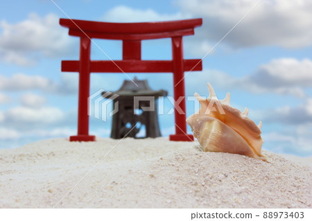 Torii Gate and Temple on Beach With Blue Sky Torii Gate and Temple on Beach With Blue Sky 88973403