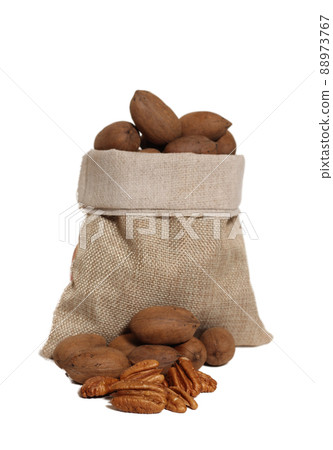 Burlap Bag of Pecans on White Background 88973767