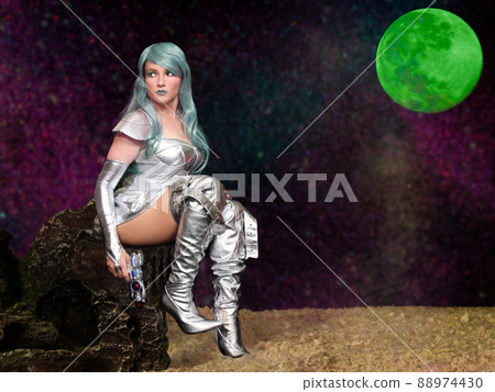 Alien Woman With Blue Hair and Green Moon Holding Ray Gun 88974430