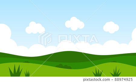 landscape cartoon scene with green hills and white cloud in summer blue sky background 88974925