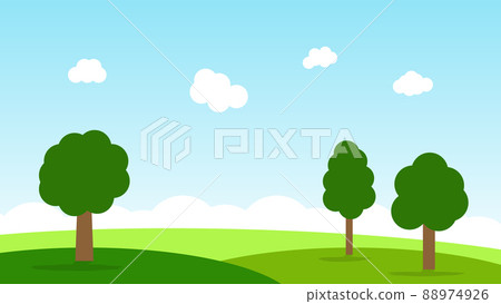 landscape cartoon scene with green hills and white cloud in summer blue sky background 88974926