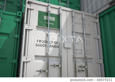 Shipping container with goods from Saudi Arabia and printed national flag. Production related 3D rendering 88975011