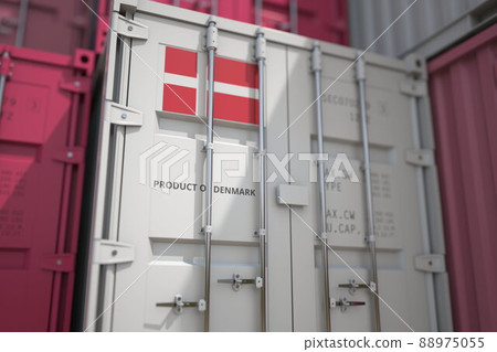 Goods from Denmark in cargo container and printed national flag. Business related 3D rendering Goods from Denmark in cargo container and printed national flag. Business related 3D rendering 88975055