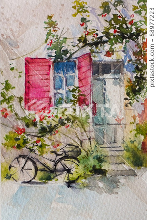 古老的歐洲城市普羅旺斯的水彩山水畫 古老的歐洲城市普羅旺斯的水彩山水畫 88977223