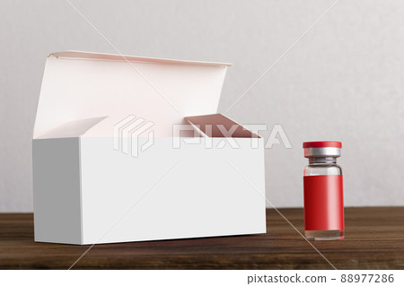 Opened vials box with a vial at front on wooden board mock-up series Opened vials box with a vial at front on wooden board mock-up series 88977286