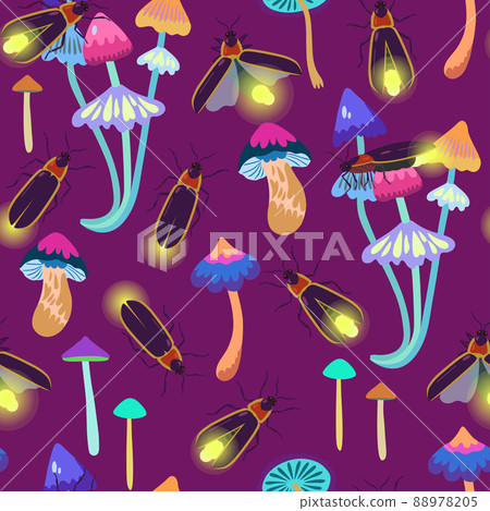 Seamless pattern with firefly beetles and fairy mushrooms for textile and design. Seamless pattern with firefly beetles and fairy mushrooms for textile and design. 88978205