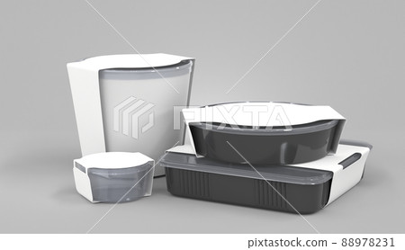 Realistic 3d set plastic disposable food containers with transparent lids and white cardboard labels. Bucket for ice cream or mayonnaise, clear jar for sauce, black square sushi box, mockup round pack 88978231