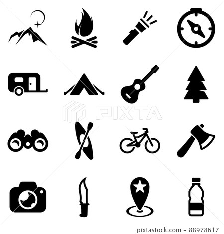 Set of black icons isolated on white background, on theme Camping Set of black icons isolated on white background, on theme Camping 88978617