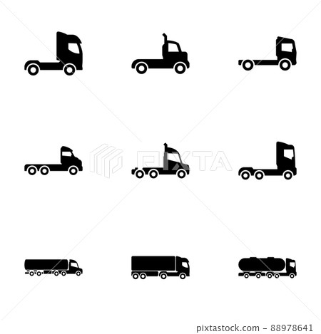 Set of black icons isolated on white background, on theme Trucks, side view Set of black icons isolated on white background, on theme Trucks, side view 88978641