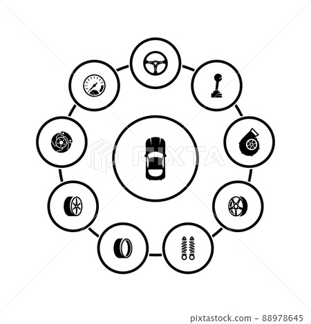 Set of simple icons on a theme Car, vector, design, collection, flat, sign, symbol,element, object, illustration, isolated. White background 88978645
