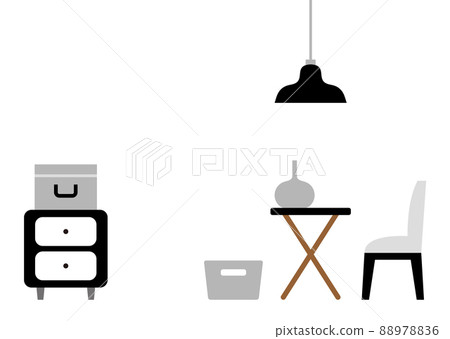 Monotone illustration of chair, table and chest of drawers 88978836