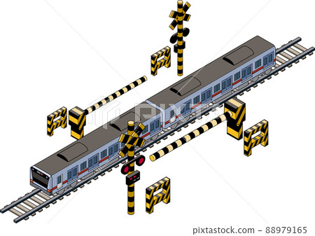 Isometric illustration of a three-dimensional orange train running on a railroad track and a barrier. Isometric illustration of a three-dimensional orange train running on a railroad track and a barrier. 88979165