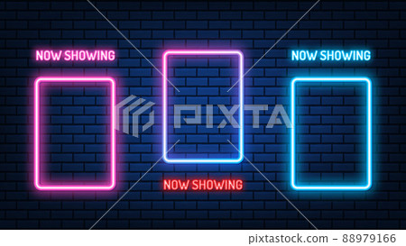 Neon Cinema mockup sign. glowing color neon square. shining led or halogen lamps frame banners. on brick wall vector set. Neon Cinema mockup sign. glowing color neon square. shining led or halogen lamps frame banners. on brick wall vector set. 88979166