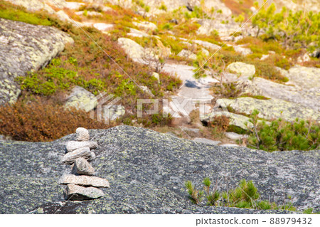 Balancing stone on shore. Balance of scales. Harmony in decision making Balanced stones on top of boulder. Peace of mind balance for meditation. 88979432