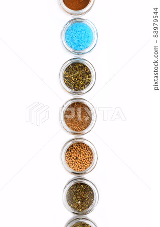 Glass containers with paprika, salt, sea salt and french mustard Glass containers with paprika, salt, sea salt and french mustard 88979544